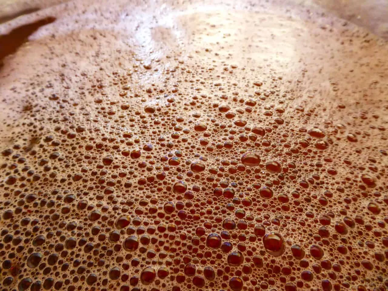 Dense brown foam on a kombucha fermentation tank surface